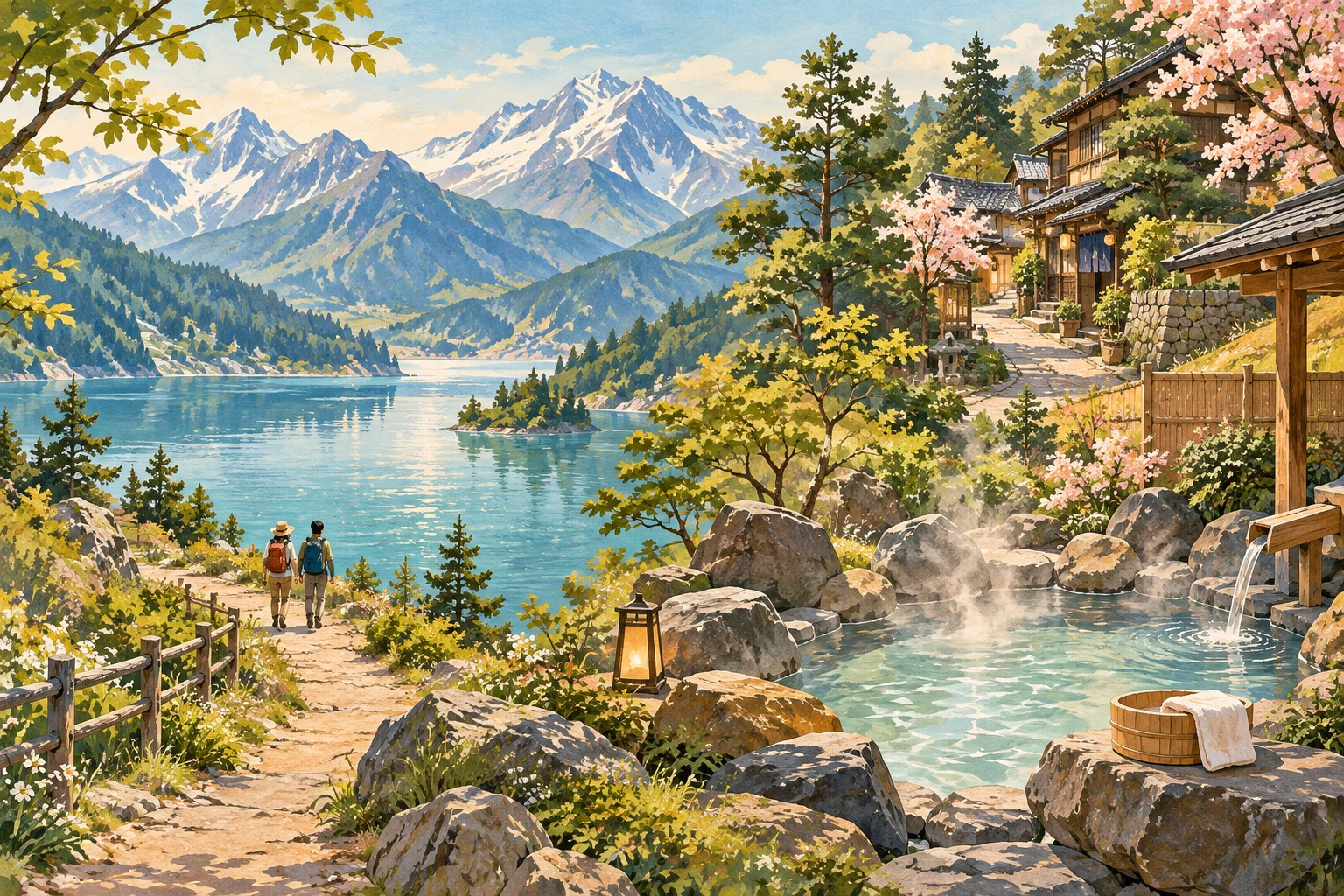 산과 호수의 산책길, 전통 거리와 노천온천을 표현한 이미지